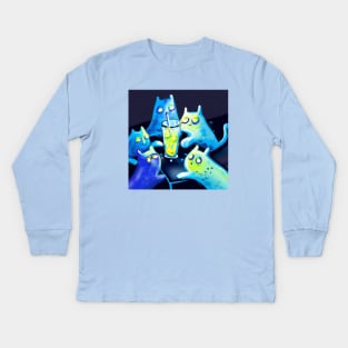 Several Blue Cats Inspect a Glass of Lemon Water Kids Long Sleeve T-Shirt